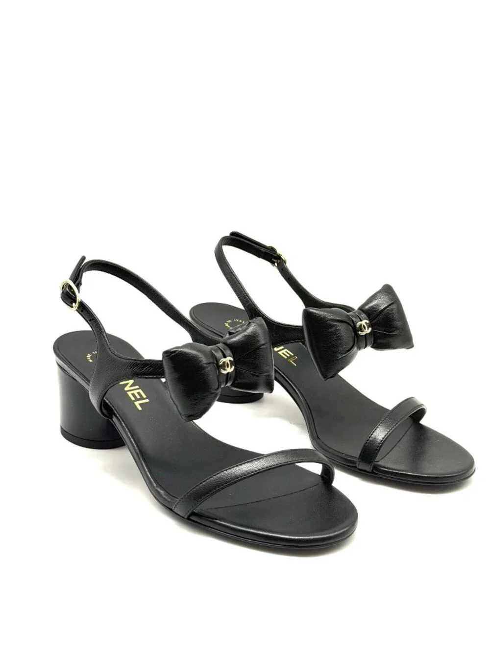 CHANEL 25P Lambskin Leather CC Bow Ankle Strap Sandals Block Heels Shoes - Picture 9 of 16